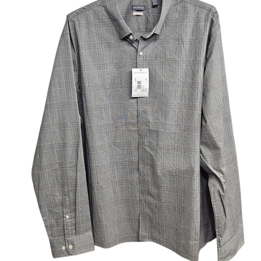 Van Heusen Mens XXL Slim Fit Stain Shield Grey Glen Plaid Long Sleeve Shirt NWT